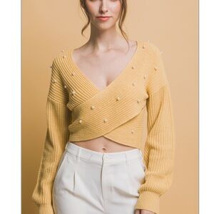 Chic Nation Mustard V-Neck Sweater with Pearl Details